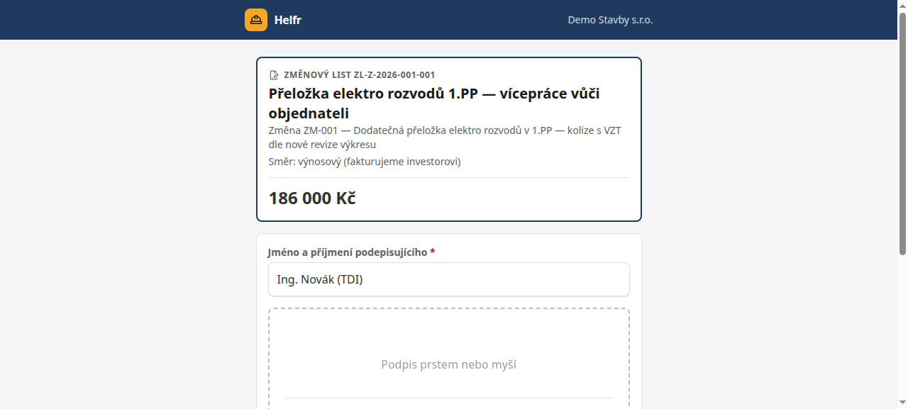 Veřejná podpisová stránka Helfru — podpis změnového listu prstem