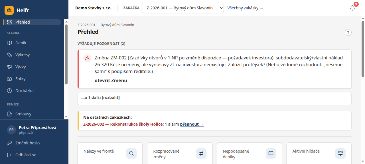 Přehled v Helfru — co dnes hoří, hlídače a fronty práce