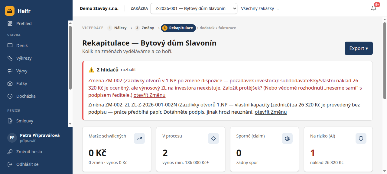 Rekapitulace změn — tabulka s kumulativy a exportem pro investora