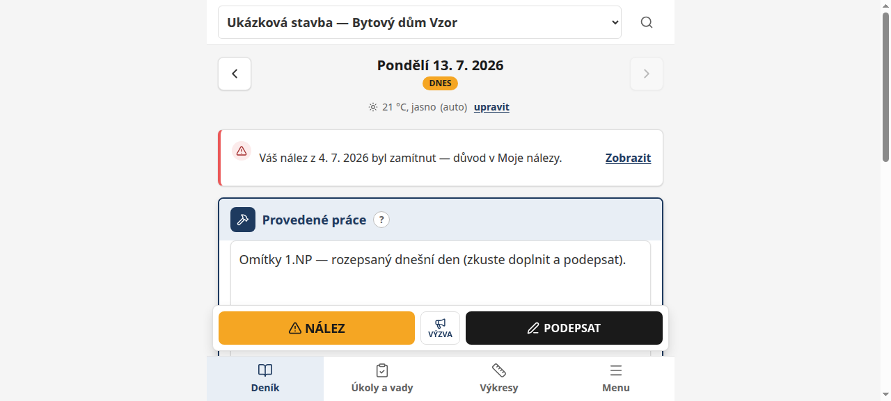 Terénní deník mistra — velká tlačítka NÁLEZ, VÝZVA a PODEPSAT