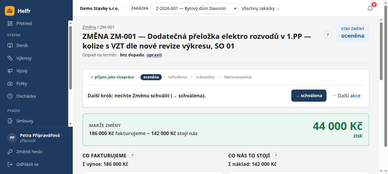 Detail změny — co fakturujeme, co nás to stojí, marže uprostřed